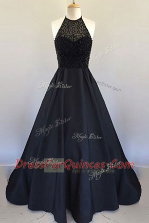 Black Halter Top Neckline Beading and Pleated Prom Dresses Sleeveless Zipper