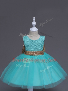 Designer Sleeveless Tulle Knee Length Zipper Flower Girl Dresses in Aqua Blue with Lace and Bowknot