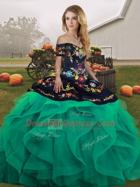 Beautiful Turquoise Sweet 16 Dresses Military Ball and Sweet 16 and Quinceanera with Embroidery and Ruffles Off The Shoulder Sleeveless Lace Up