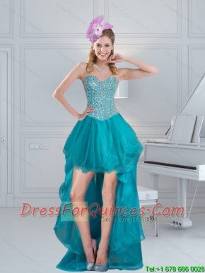 Affordable Teal High Low Sweetheart Beading Junior Prom Dresses for 2015