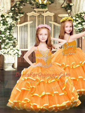 Fantastic Ball Gowns Little Girls Pageant Dress Orange Spaghetti Straps Organza Sleeveless Floor Length Lace Up