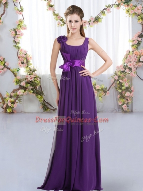 Artistic Straps Sleeveless Court Dresses for Sweet 16 Floor Length Belt and Hand Made Flower Purple Chiffon
