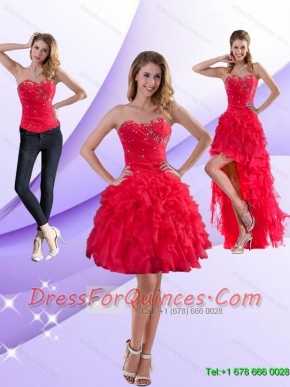Detachable Strapless Red 2015 Prom Dresses with Ruffles and Beading