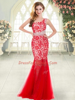 Graceful One Shoulder Sleeveless Tulle Prom Dresses Beading and Lace Zipper