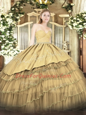 Gold Sweetheart Zipper Beading and Lace and Embroidery and Ruffled Layers Sweet 16 Dresses Sleeveless