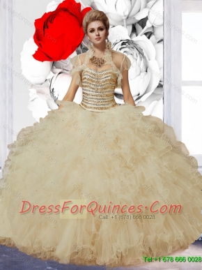 Luxurious Ball Gown Champagne Sweet 16 Dresses with Beading and Ruffles for 2015 Summer