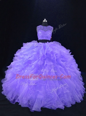 Amazing Lavender Zipper Scoop Beading and Ruffles 15 Quinceanera Dress Organza Sleeveless