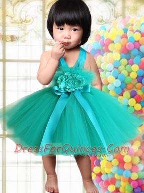 2014 Short Straps Hand Made Flowers Little Girl Dress in Turquoise