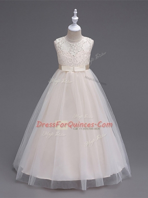 Glorious Sleeveless Tulle Floor Length Zipper Little Girl Pageant Dress in Champagne with Lace