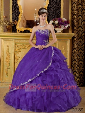 Elegant Purple Strapless Floor-length Lace-up Bule Organza Beautiful Quinceanera Dress