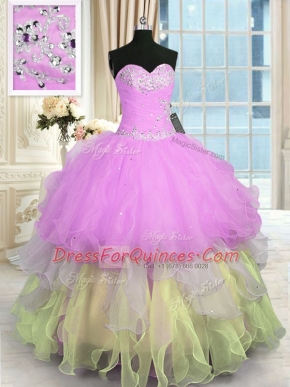 Custom Design Sleeveless Floor Length Appliques and Ruffled Layers Lace Up Vestidos de Quinceanera with Multi-color