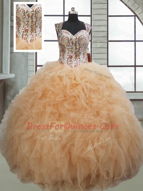 Dazzling Floor Length Lace Up Sweet 16 Dresses Champagne for Military Ball and Sweet 16 and Quinceanera with Beading and Ruffles