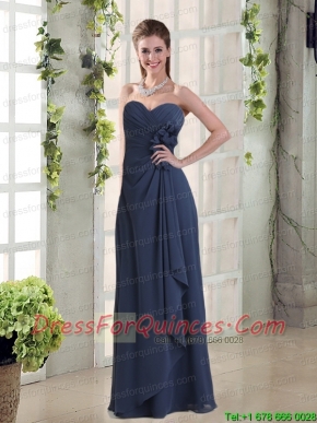 Sweetheart Ruching and Hand Made Flowers Prom Dresses in Navy Blue