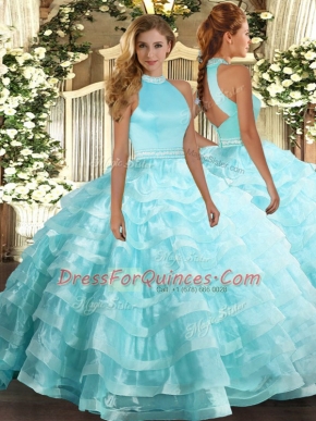 Aqua Blue Halter Top Backless Beading and Ruffled Layers Sweet 16 Dress Sleeveless