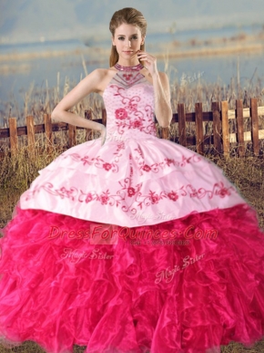 Hot Pink Quinceanera Dress Halter Top Sleeveless Court Train Lace Up