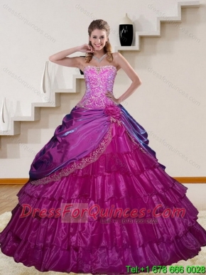2015 Custom Made Appliques and Ruffled Layers Fuchsia Sweet 15 Dresses