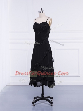 Tea Length Black Prom Gown Chiffon Sleeveless Lace and Appliques