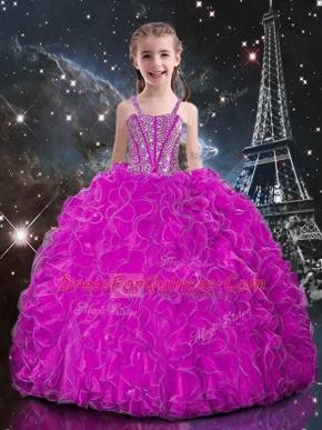 Hot Sale Fuchsia Ball Gowns Straps Sleeveless Organza Floor Length Lace Up Beading and Ruffles Girls Pageant Dresses