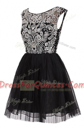Black A-line Tulle Bateau Cap Sleeves Beading Knee Length Zipper Prom Dresses
