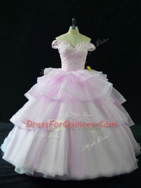 Custom Design Lace Up Quinceanera Gowns Lilac and In with Beading and Ruffled Layers Brush Train
