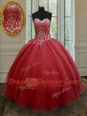 Edgy Red Sleeveless Floor Length Beading Lace Up Sweet 16 Dress