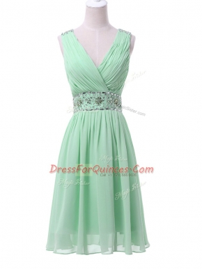 On Sale Apple Green Empire V-neck Sleeveless Chiffon Knee Length Zipper Beading and Ruching Vestidos de Damas