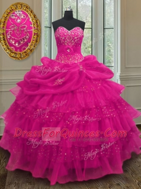 Sequins Pick Ups Ruffled Sweetheart Sleeveless Lace Up Sweet 16 Dresses Fuchsia Organza and Sequined