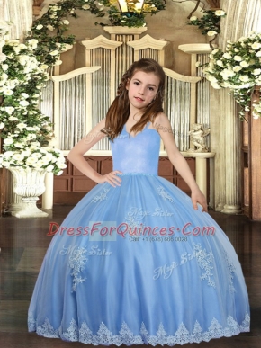 Floor Length Ball Gowns Sleeveless Baby Blue Custom Made Pageant Dress Lace Up