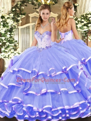 Floor Length Lavender Sweet 16 Quinceanera Dress Organza Sleeveless Beading and Ruffled Layers