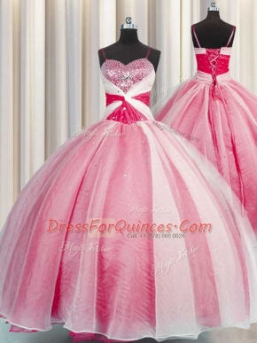 Beauteous Coral Red Sweet 16 Quinceanera Dress Military Ball and Sweet 16 and Quinceanera and For with Beading and Sequins and Ruching Spaghetti Straps Sleeveless Lace Up