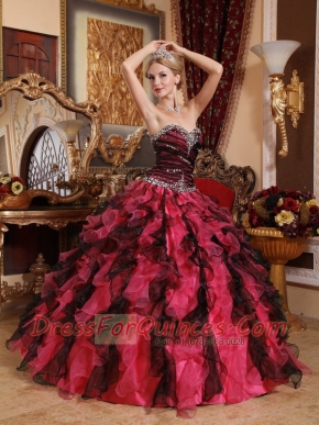 Beautiful Sweetheart Beading and Ruffles Red and Black Sweetheart Floor-length Organza Quinceanera Dress