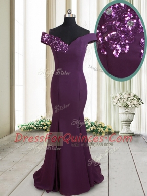 Spectacular Mermaid Off the Shoulder Dark Purple Chiffon Zipper Prom Party Dress Sleeveless Brush Train Beading and Sequins