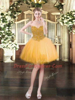 Ball Gowns Womens Party Dresses Gold Sweetheart Tulle Sleeveless Mini Length Lace Up