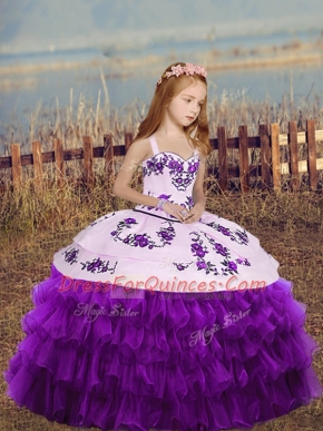 On Sale Eggplant Purple Ball Gowns Organza Straps Sleeveless Embroidery and Ruffled Layers Floor Length Lace Up Winning Pageant Gowns