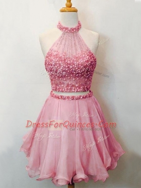 Modest Pink Halter Top Neckline Beading Damas Dress Sleeveless Lace Up
