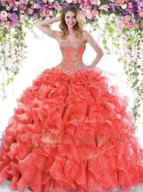 Red Sweetheart Lace Up Beading and Ruffles 15th Birthday Dress Sweep Train Sleeveless