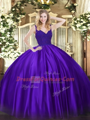 Purple Sleeveless Satin Backless Quinceanera Dress for Military Ball and Sweet 16 and Quinceanera