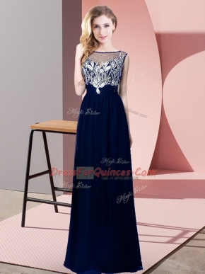 Floor Length Royal Blue Prom Evening Gown Chiffon Sleeveless Beading