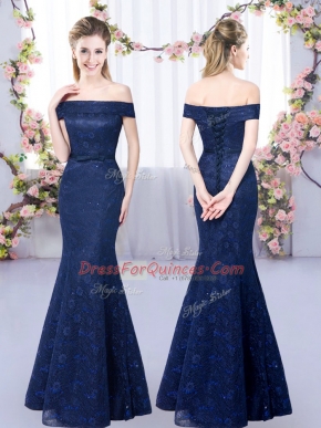 Inexpensive Navy Blue Sleeveless Floor Length Lace Lace Up Dama Dress for Quinceanera