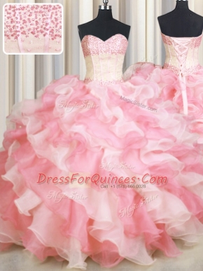 Visible Boning Two Tone Pink And White Sweetheart Neckline Beading and Ruffles Quince Ball Gowns Sleeveless Lace Up