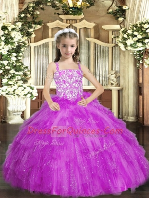 Floor Length Lilac Little Girls Pageant Dress Straps Sleeveless Lace Up