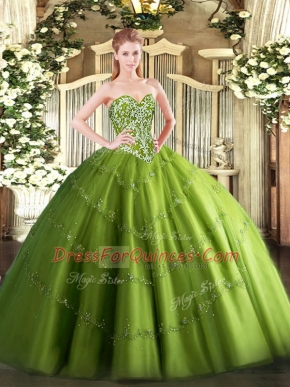 Dramatic Olive Green Sweetheart Lace Up Beading and Appliques Quinceanera Dresses Sleeveless