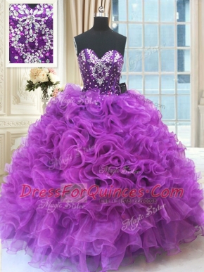 Beading and Ruffles Quince Ball Gowns Eggplant Purple Lace Up Sleeveless Floor Length