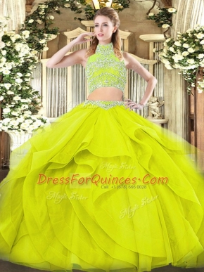 Yellow Green Ball Gown Prom Dress Military Ball and Sweet 16 and Quinceanera with Beading and Ruffles High-neck Sleeveless Backless