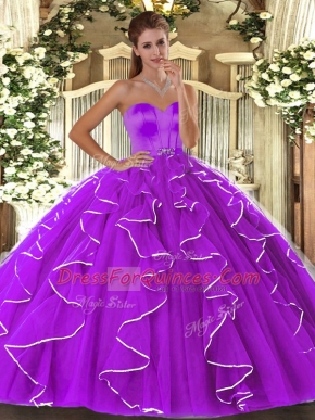 Romantic Eggplant Purple Lace Up Sweetheart Beading and Ruffles Quince Ball Gowns Organza Sleeveless