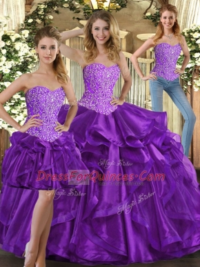 Eggplant Purple Sleeveless Floor Length Beading and Ruffles Lace Up Sweet 16 Quinceanera Dress