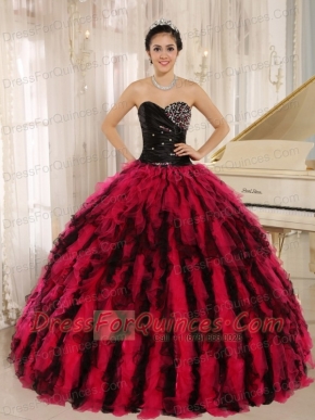 Quinceanera Dress Beaded and Ruffled Sweetheart For Black and Hot Pink