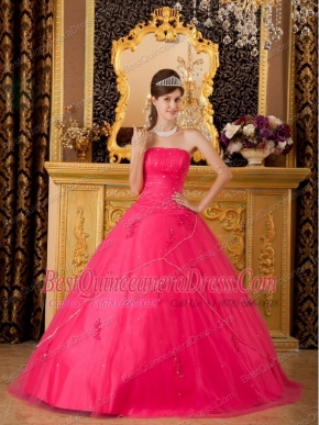 Hot Pink A-line / Princess Strapless Floor-length Tulle Appliques Quinceanera Dress