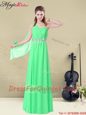The Most Popular One Shoulder Floor Length Dama Dresses with Ruching and Belt