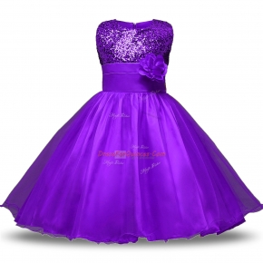 Scoop Sleeveless Flower Girl Dresses Knee Length Bowknot and Belt and Hand Made Flower Eggplant Purple Organza and Sequined